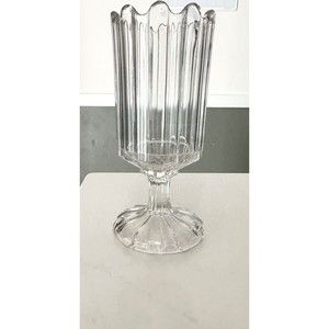 Vintage Fluted Stem Pedestal Clear Glass Vase 8” Ribbon Rimmed Textured Lined